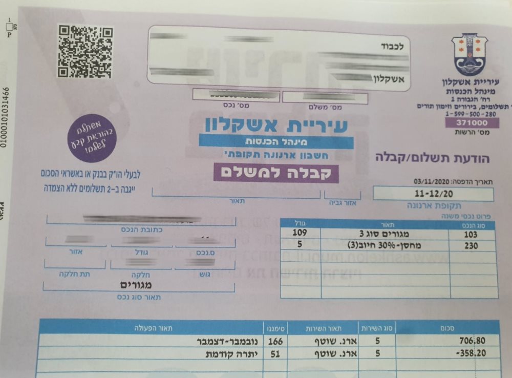 חשבון ארנונה של עיריית אשקלון | צילום: להמחשה בלבד